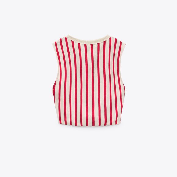 NWT ZARA Women M CROP TOP WITH KNOT Sleeveless Red Cream Stripe Stretch - Picture 6 of 7